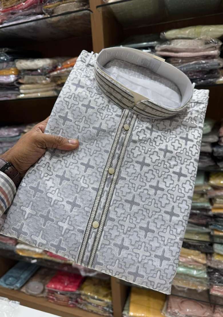 Grey Printed Jacquard Kurta - Indya