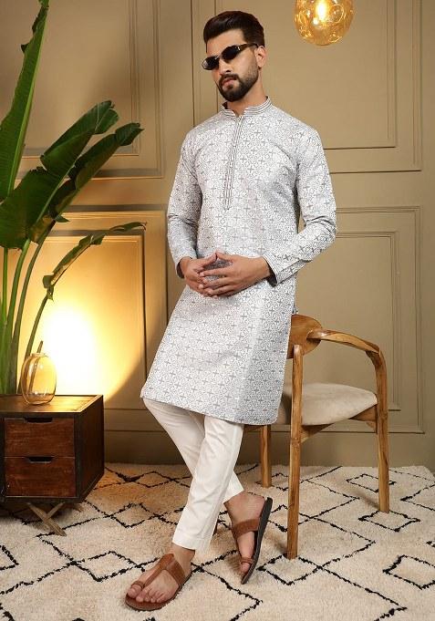 Grey Embroidery Heavy Jacquard Kurta With Pyjama