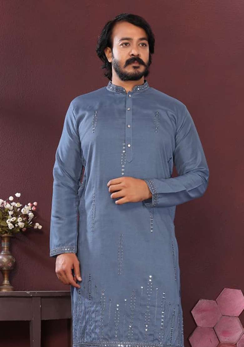Charcoal Embroidered Silk Blend Kurta - Indya