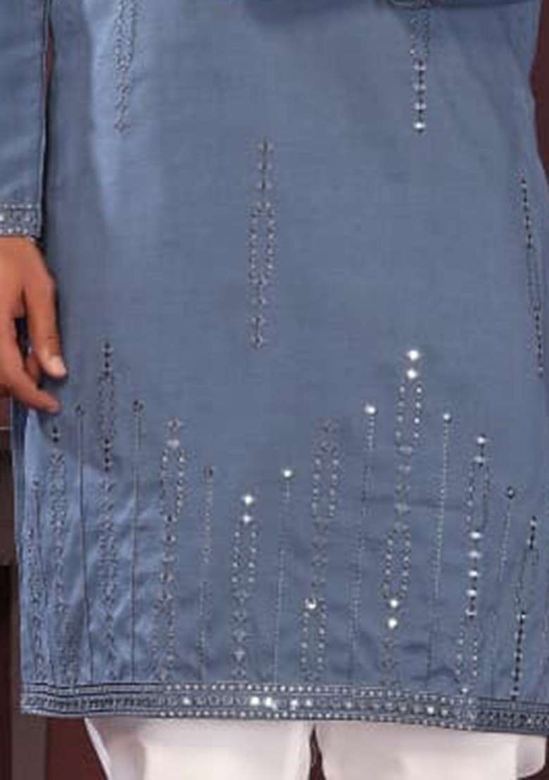 Charcoal Embroidered Silk Blend Kurta - Indya