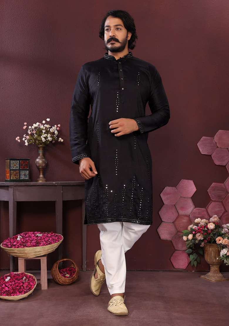 Black Mirror Work Silk Blend Kurta Set - Indya