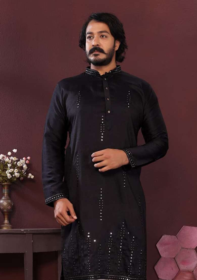 Black Mirror Work Silk Blend Kurta Set - Indya