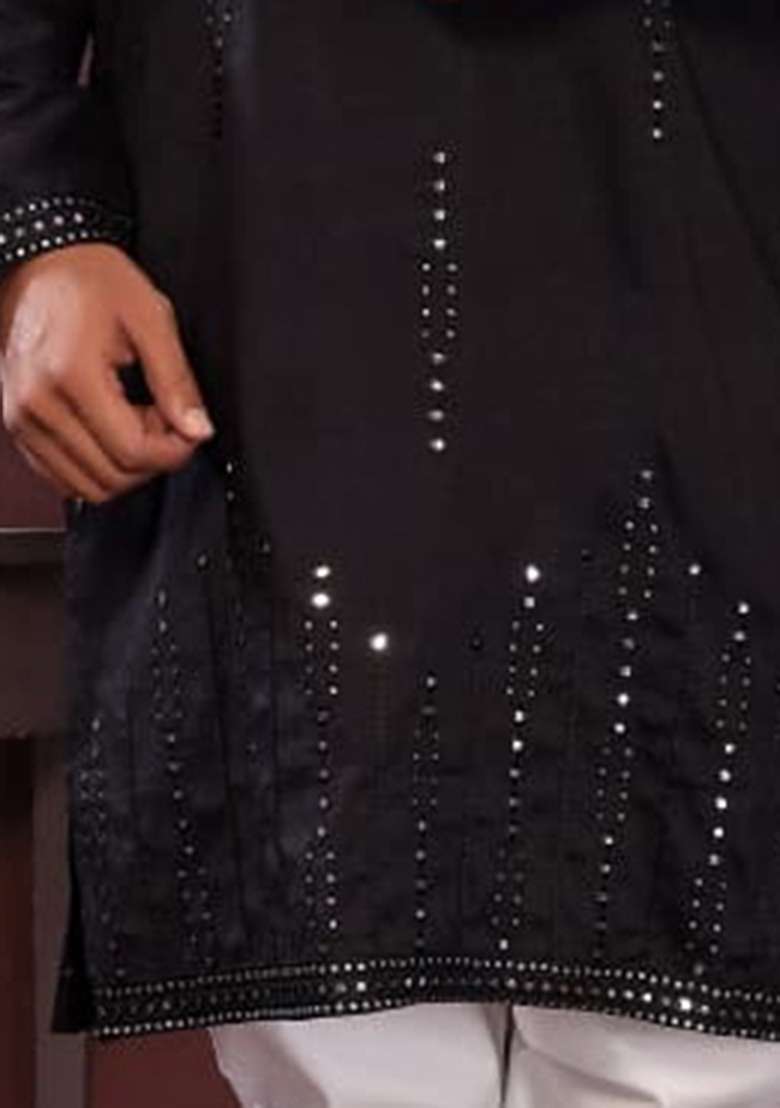 Black Mirror Work Silk Blend Kurta Set - Indya