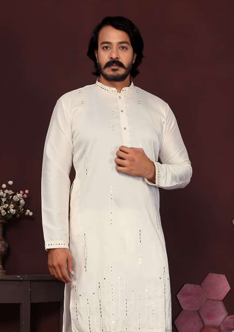 Off White Chikankari Silk Blend Kurta - Indya