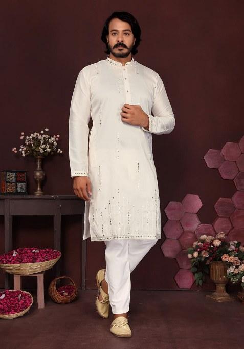 Off White Embroidery Premium Smart Silk Kurta With Pyjama