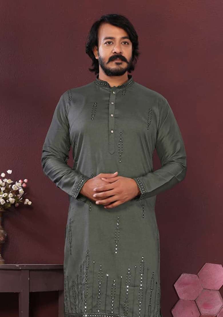 Olive Sequin Work Silk Blend Kurta - Indya