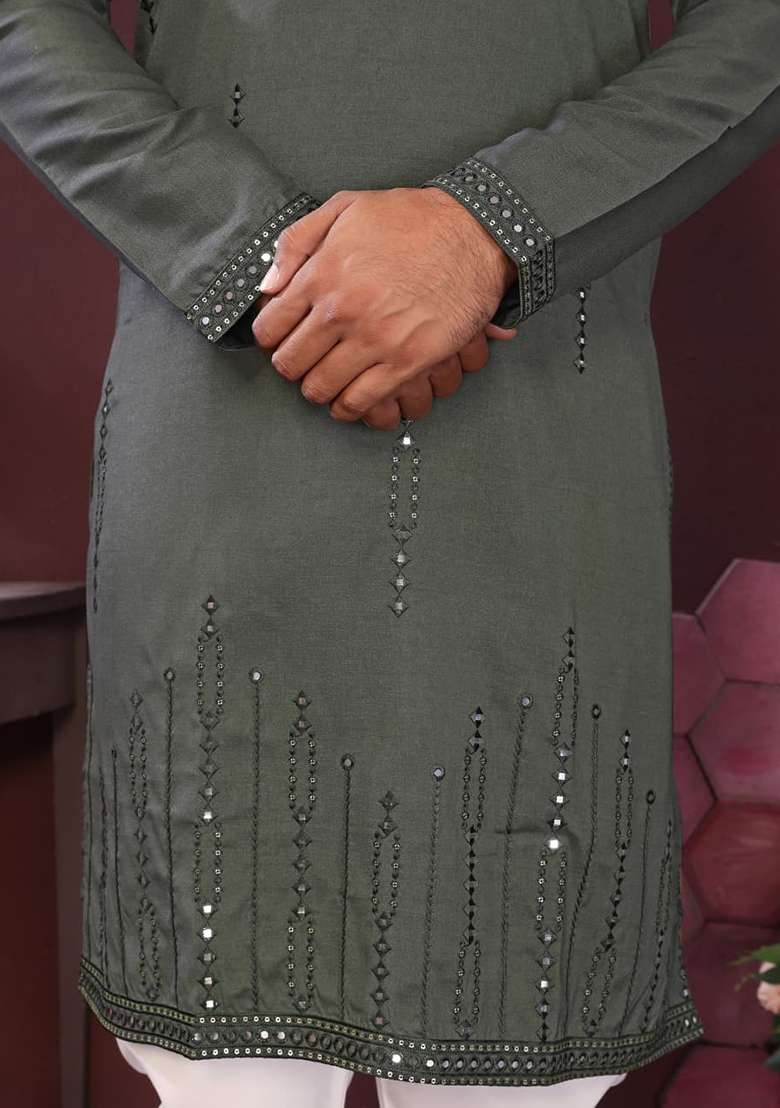 Olive Sequin Work Silk Blend Kurta - Indya