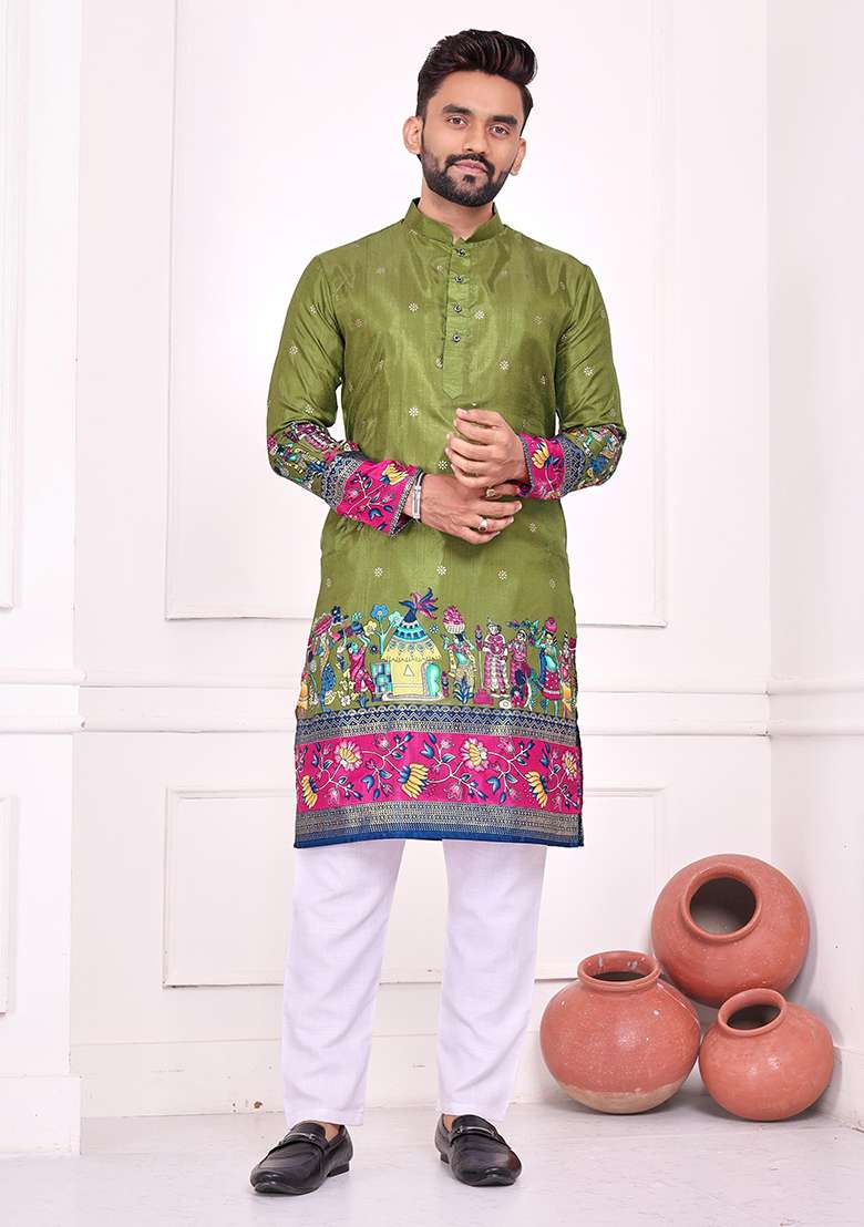 Olive Printed Silk Blend Kurta - Indya