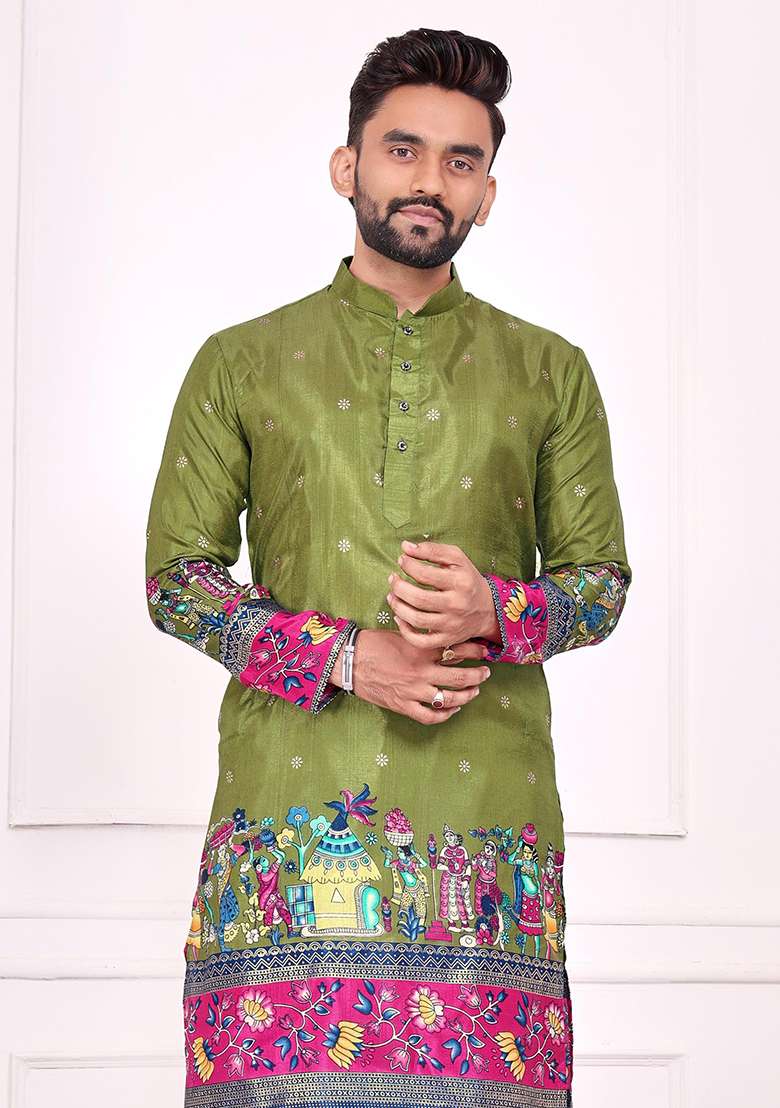 Olive Printed Silk Blend Kurta - Indya
