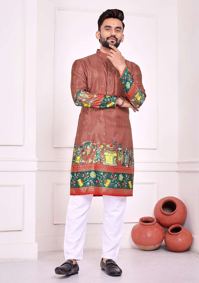 Brown Printed Silk Blend Kurta - Indya