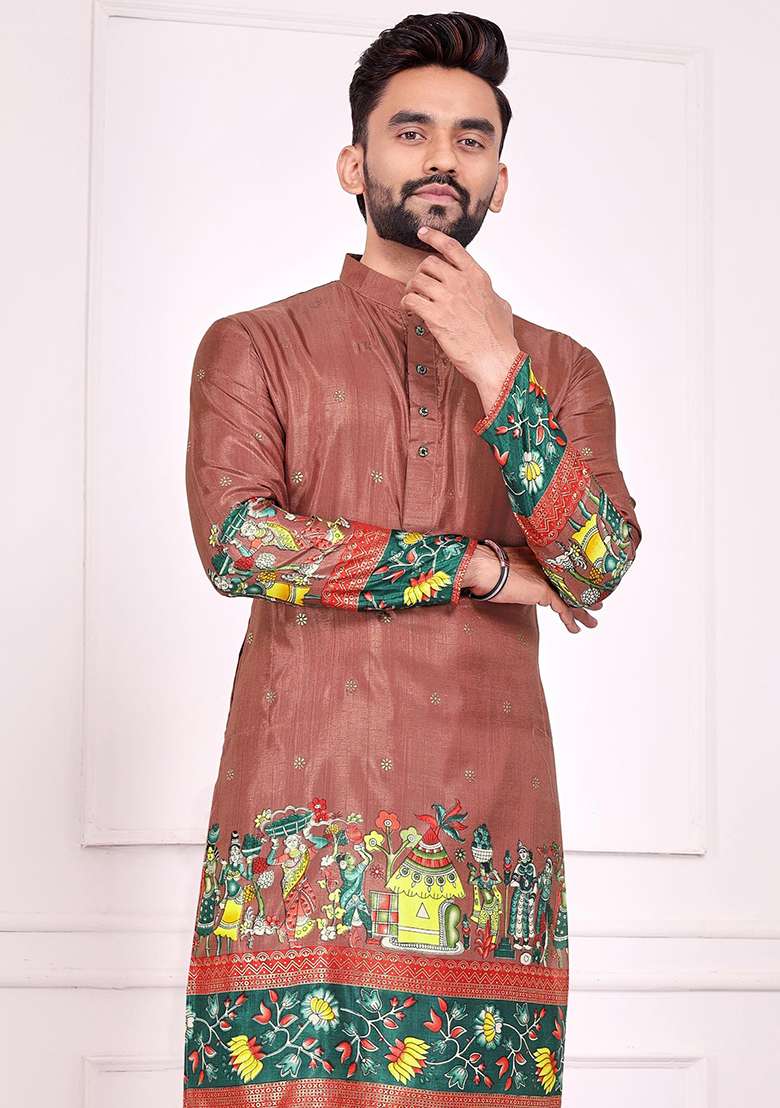 Brown Printed Silk Blend Kurta - Indya