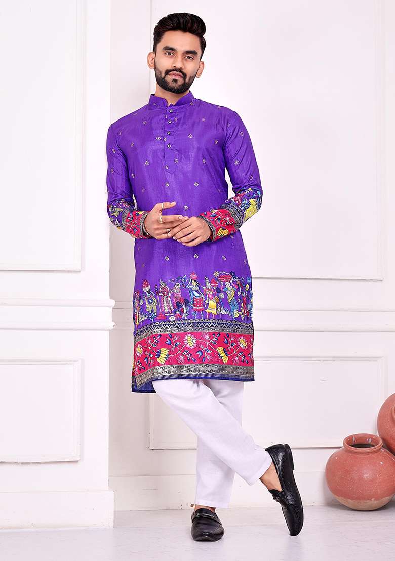 Purple Printed Silk Blend Kurta - Indya
