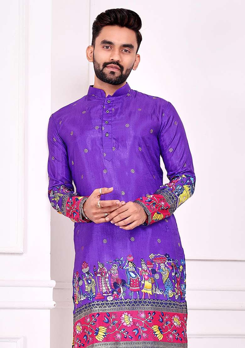 Purple Printed Silk Blend Kurta - Indya