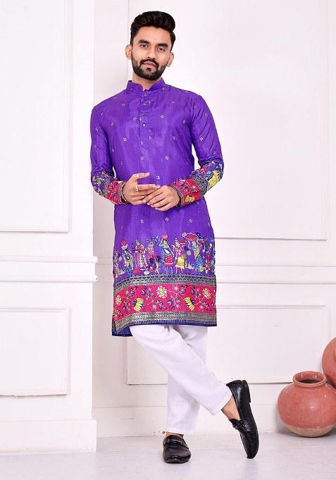 Purple Embroidery Dola Silk Kurta With Pyjama