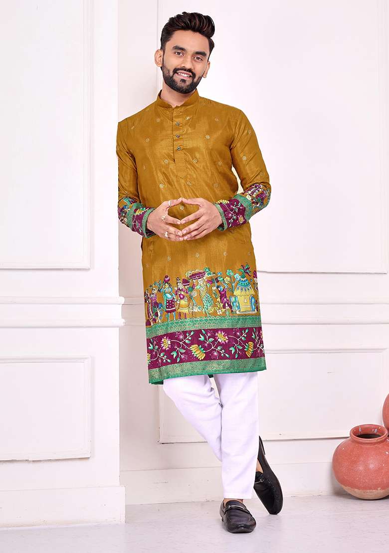 Mustard Printed Silk Blend Kurta - Indya