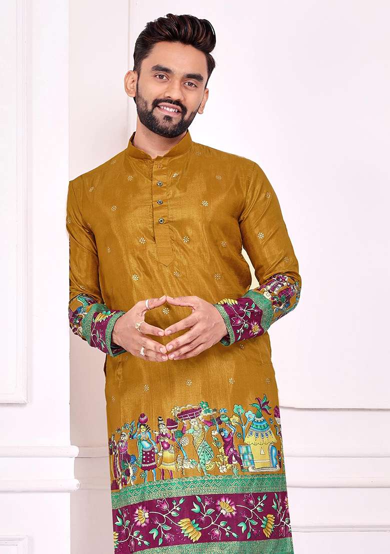 Mustard Printed Silk Blend Kurta - Indya