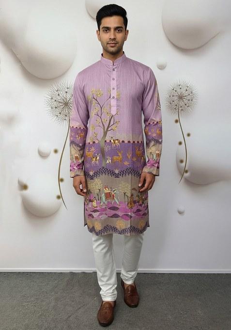 Purple Embroidery Cotton Kurta With Pyjama
