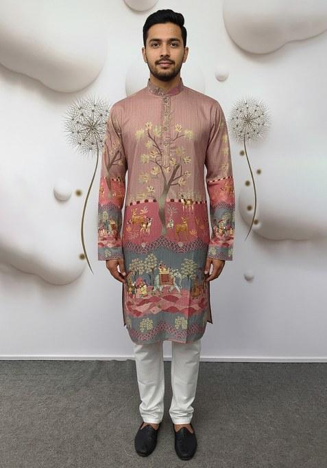 Brown Embroidery Cotton Kurta With Pyjama