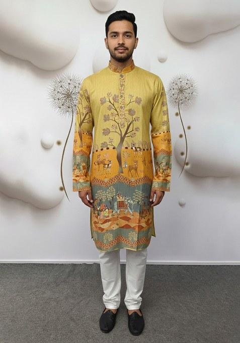 Yellow Embroidery Cotton Kurta With Pyjama