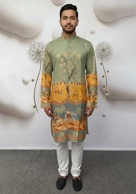 Green Embroidery Cotton Kurta With Pyjama