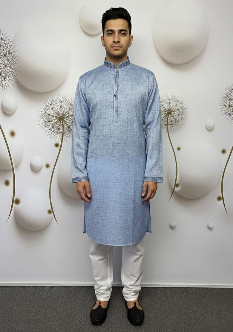 Blue Printed Linen Kurta - Indya