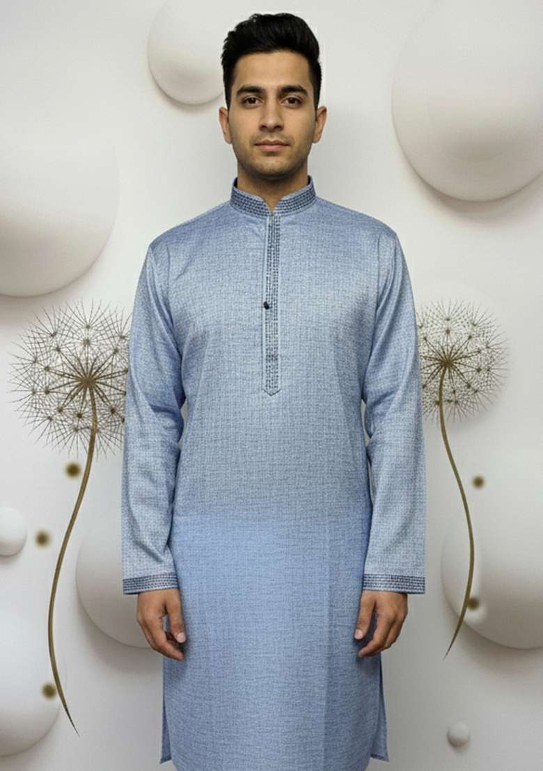 Blue Printed Linen Kurta - Indya
