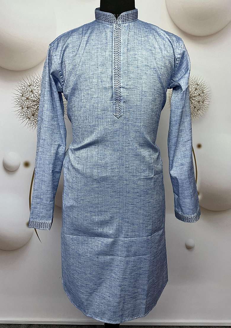 Blue Printed Linen Kurta - Indya