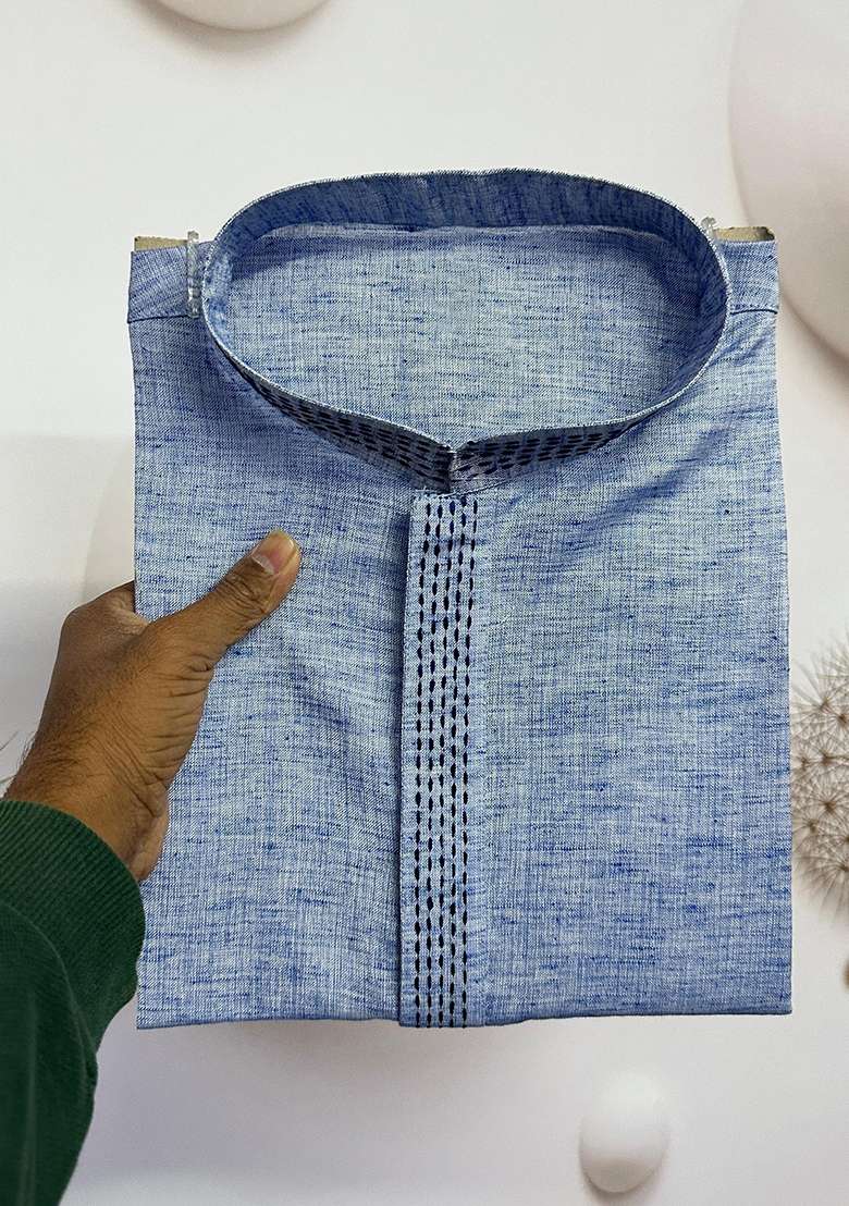 Blue Printed Linen Kurta - Indya