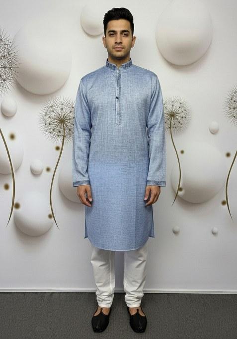 Blue Embroidery Pure Linen Kurta With Pyjama