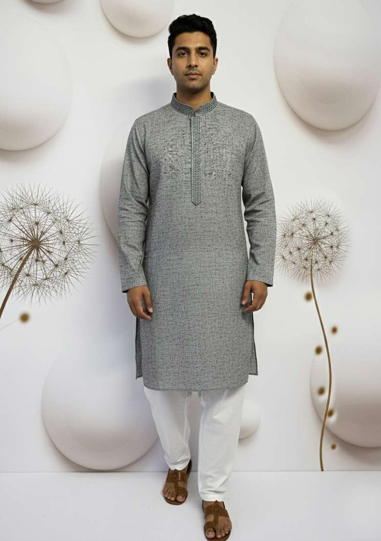 Grey Embroidered Linen Kurta - Indya