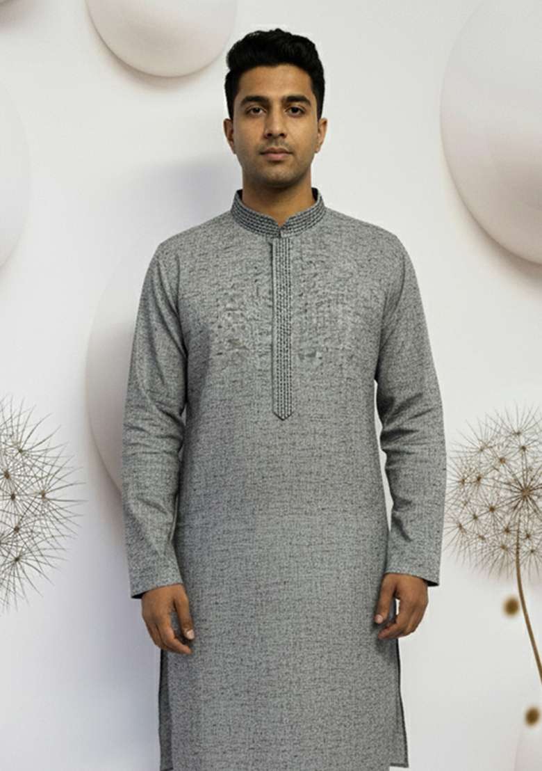 Grey Embroidered Linen Kurta - Indya