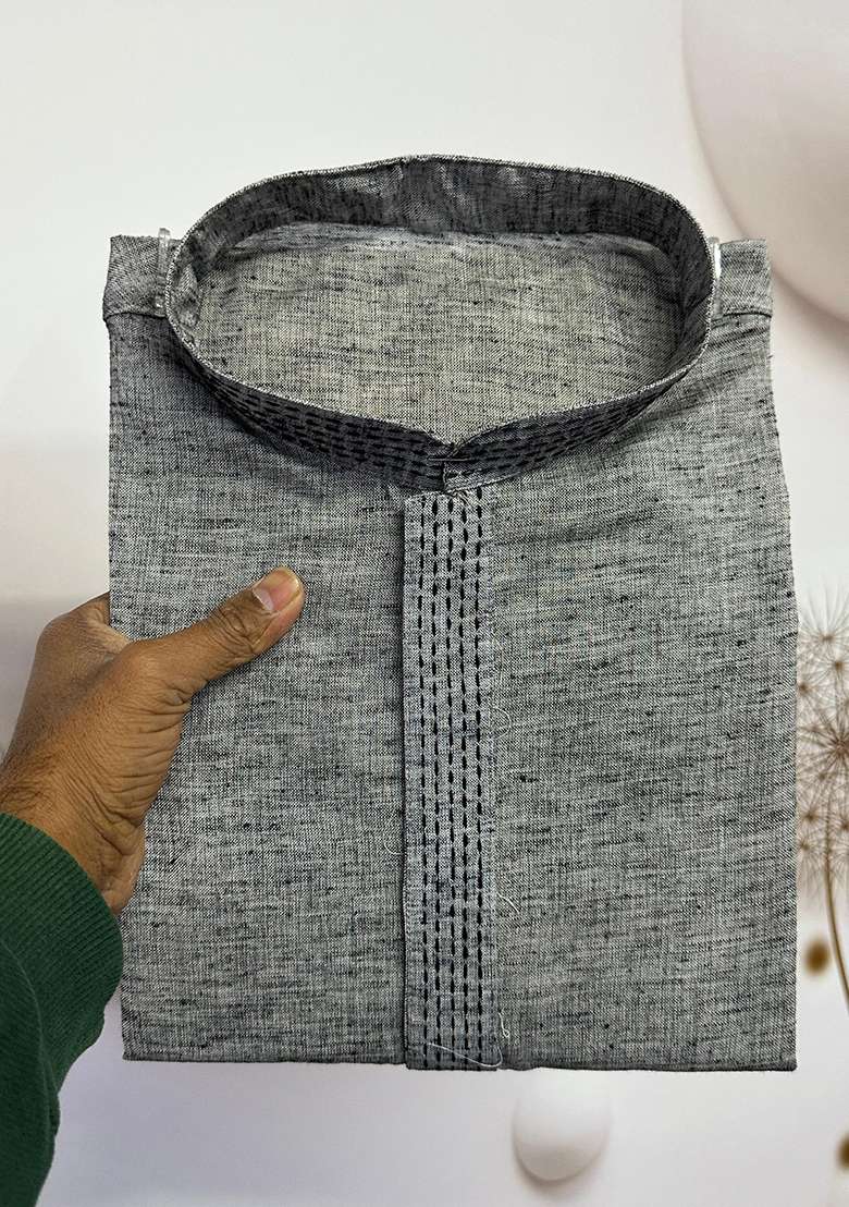 Grey Embroidered Linen Kurta - Indya