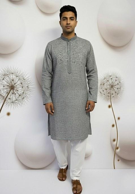 Grey Embroidery Pure Linen Kurta With Pyjama