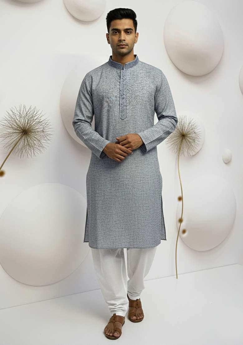 Grey Embroidered Linen Kurta - Indya