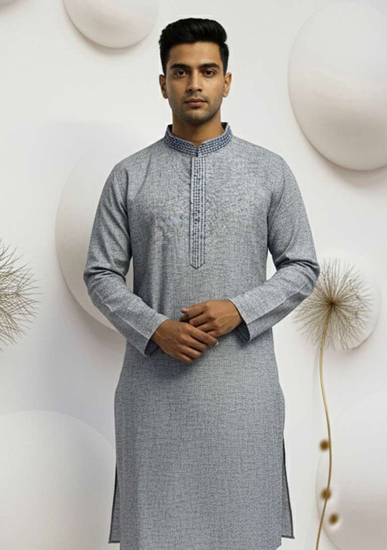 Grey Embroidered Linen Kurta - Indya