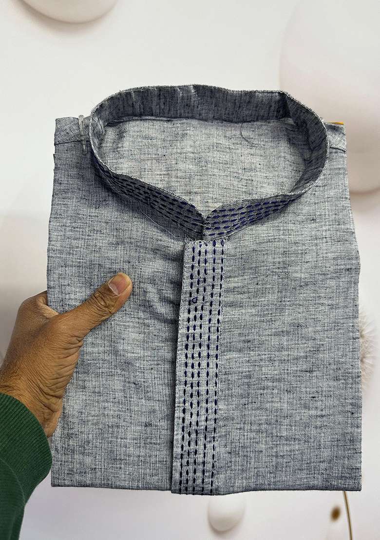 Grey Embroidered Linen Kurta - Indya