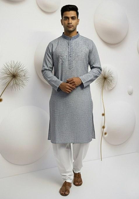 Grey Embroidery Pure Linen Kurta With Pyjama