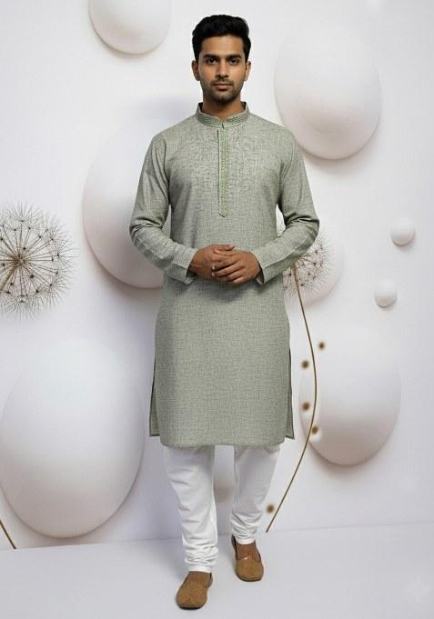 Green Embroidery Pure Linen Kurta With Pyjama