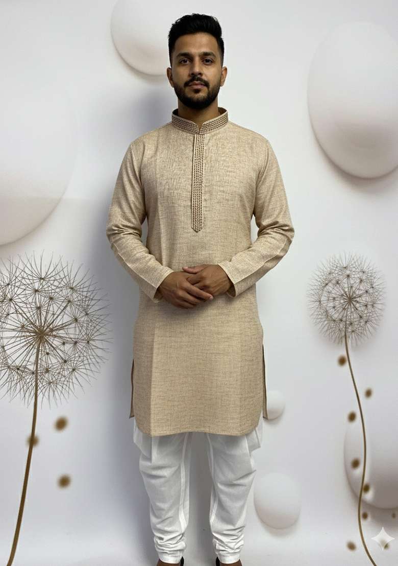 Cream Embroidered Linen Kurta - Indya