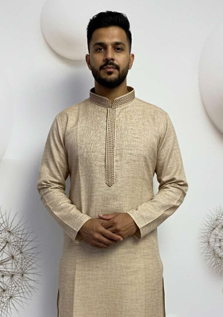 Cream Embroidered Linen Kurta - Indya