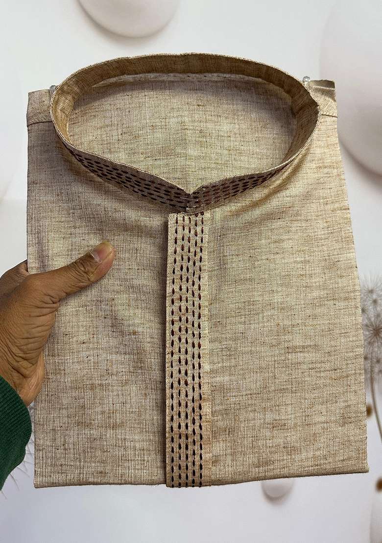 Cream Embroidered Linen Kurta - Indya