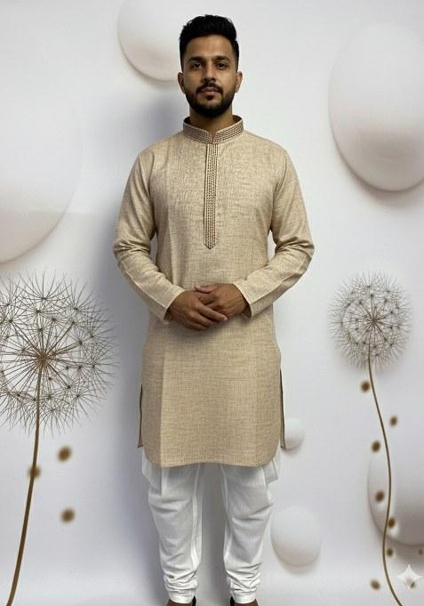 Cream Embroidery Pure Linen Kurta With Pyjama