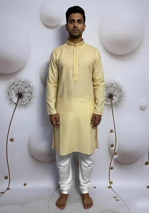 Yellow Embroidery Pure Linen Kurta With Pyjama