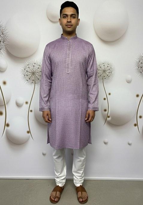 Violet Embroidery Pure Linen Kurta With Pyjama