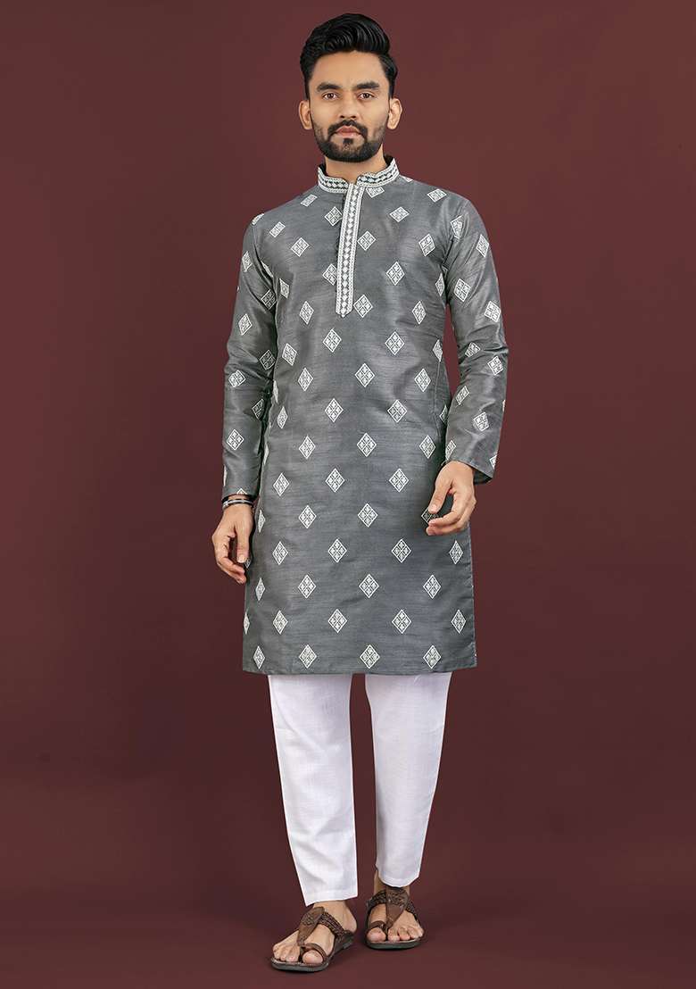 Grey Jacquard Silk Blend Kurta - Indya