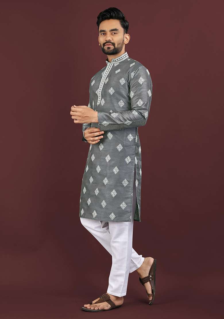 Grey Jacquard Silk Blend Kurta - Indya