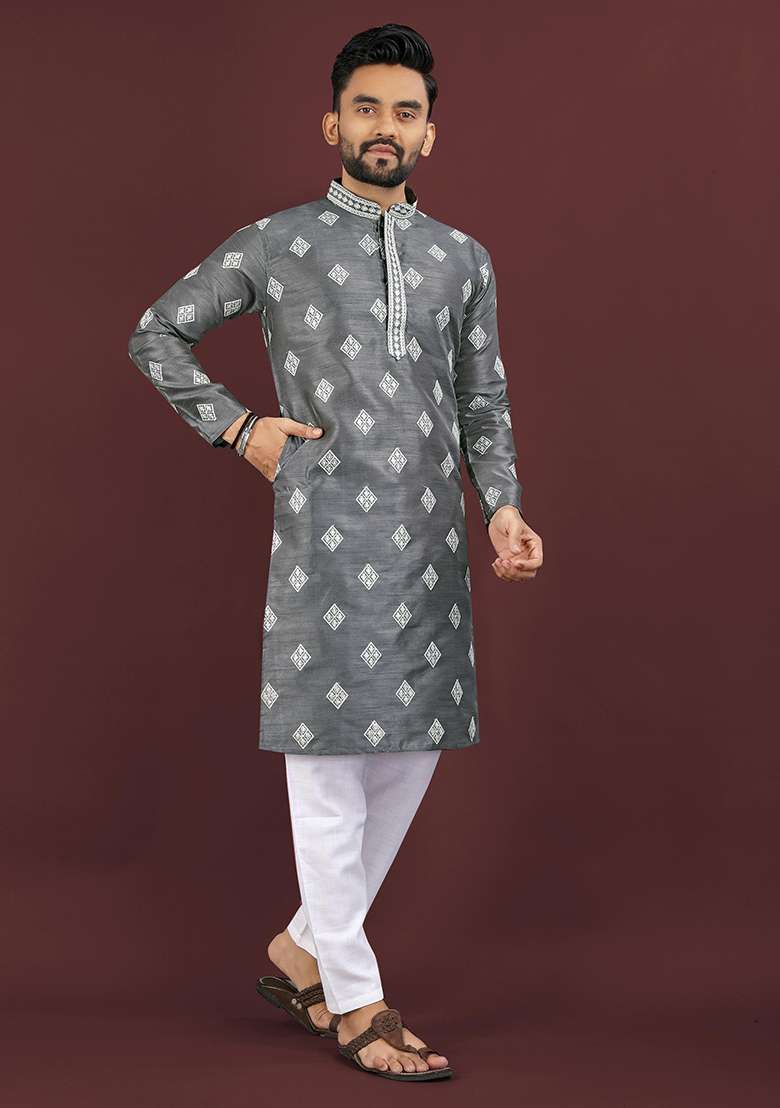 Grey Jacquard Silk Blend Kurta - Indya