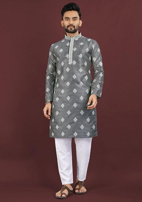 Grey Embroidery Mono Silk Kurta With Pyjama