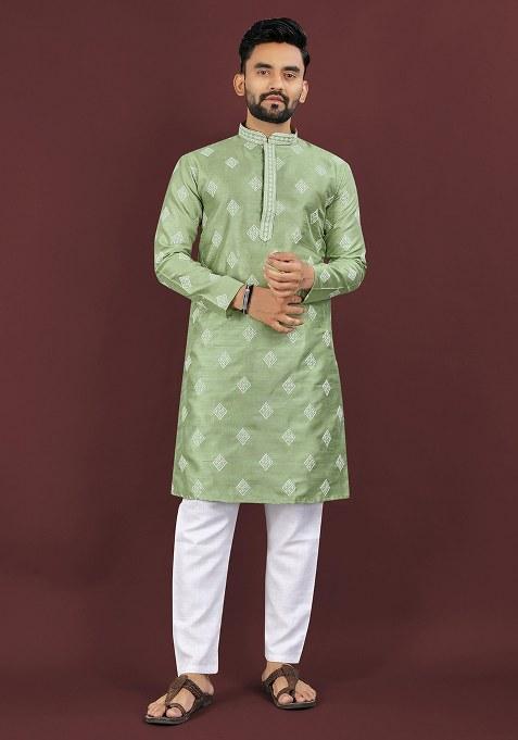 Green Embroidery Mono Silk Kurta With Pyjama