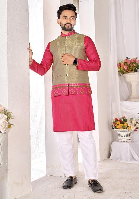 Pink Embroidery Cotton Kurta With Pyjama